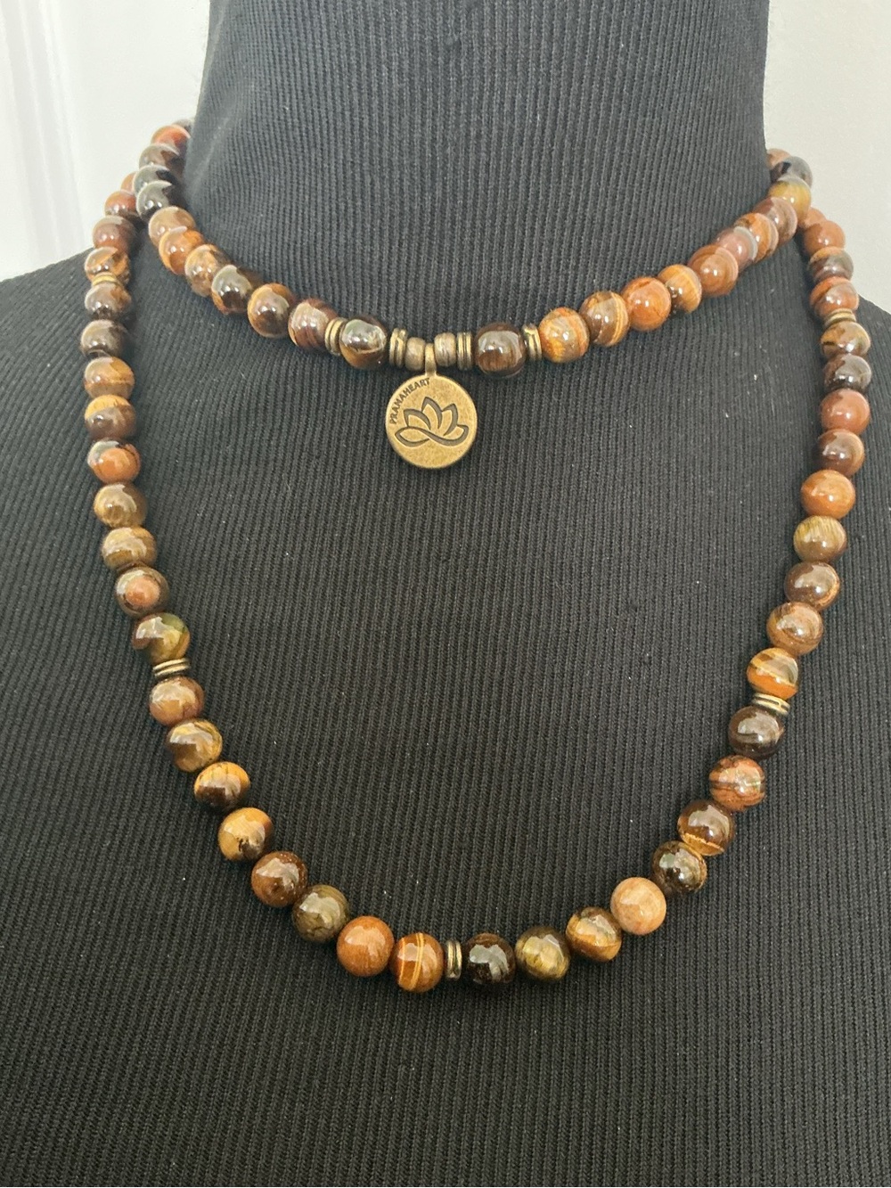 PRANAHEART Beaded Brown Tiger Eye Necklace Set with Lotus Logo Charm